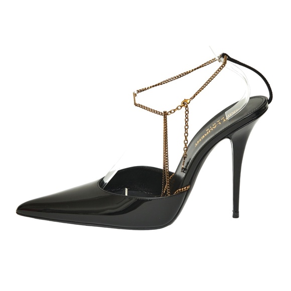 SAINT LAURENT Black Patent Leather Pump CLAW CHAIN YSL Logo Heel Gold Ankle 38.5 - Picture 4 of 10